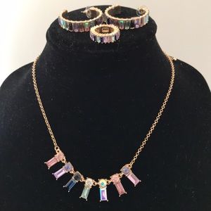 Multicolored stone necklace, earrings ring set